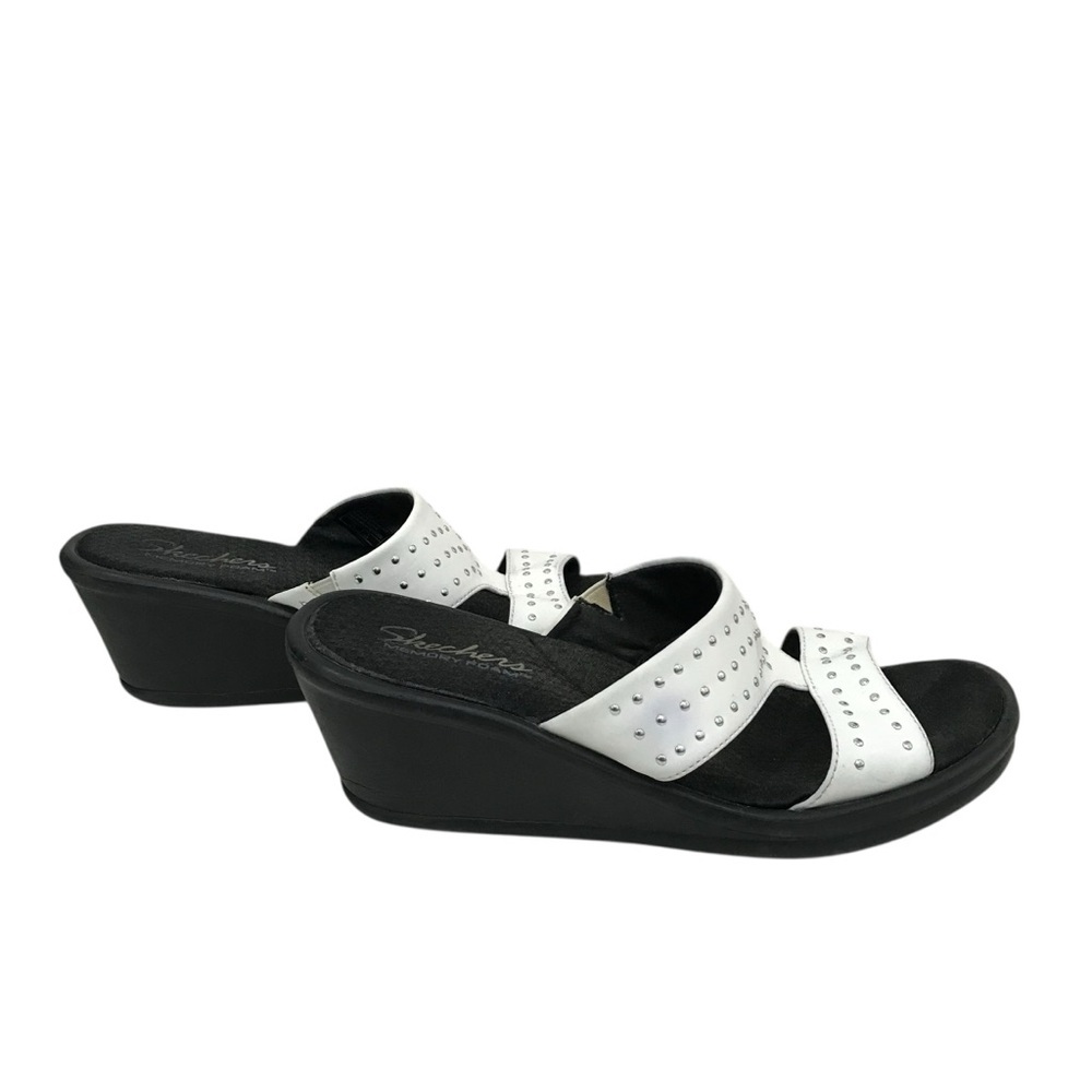 Skechers White Wedge Slide Sandals With Silver Studs Memory Foam Insoles Sz9